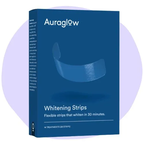 Box of Auraglow Whitening Strips designed to whiten teeth in 30 minutes. The box is blue with white text and features an image of a transparent strip in the center.