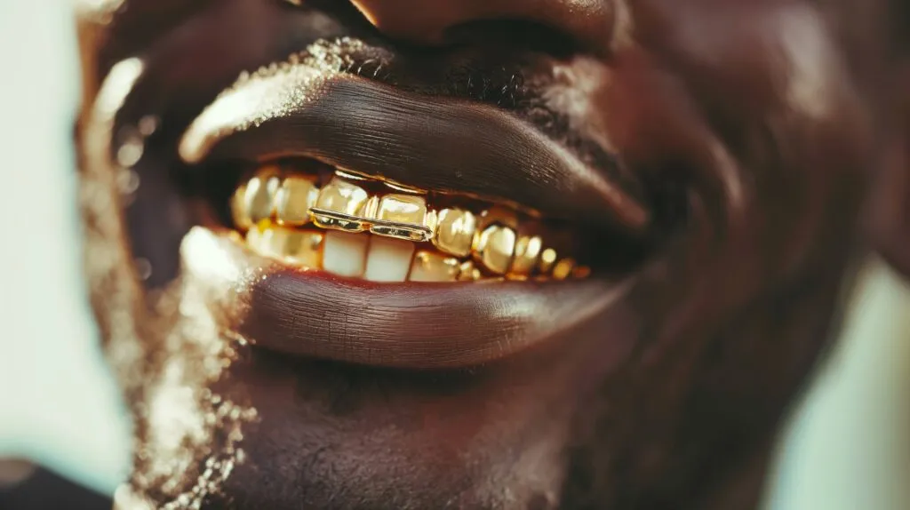 Black man with joyful smile showing gold grills dental jewelry on blurred background