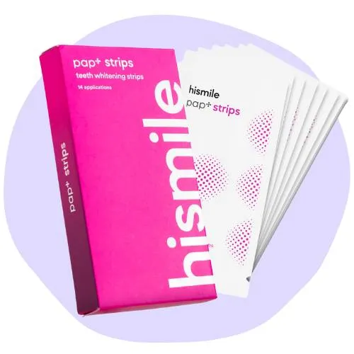 Image of HiSmile's PAP+ Strips teeth whitening kit showing a bright pink box and multiple individually packaged whitening strips.