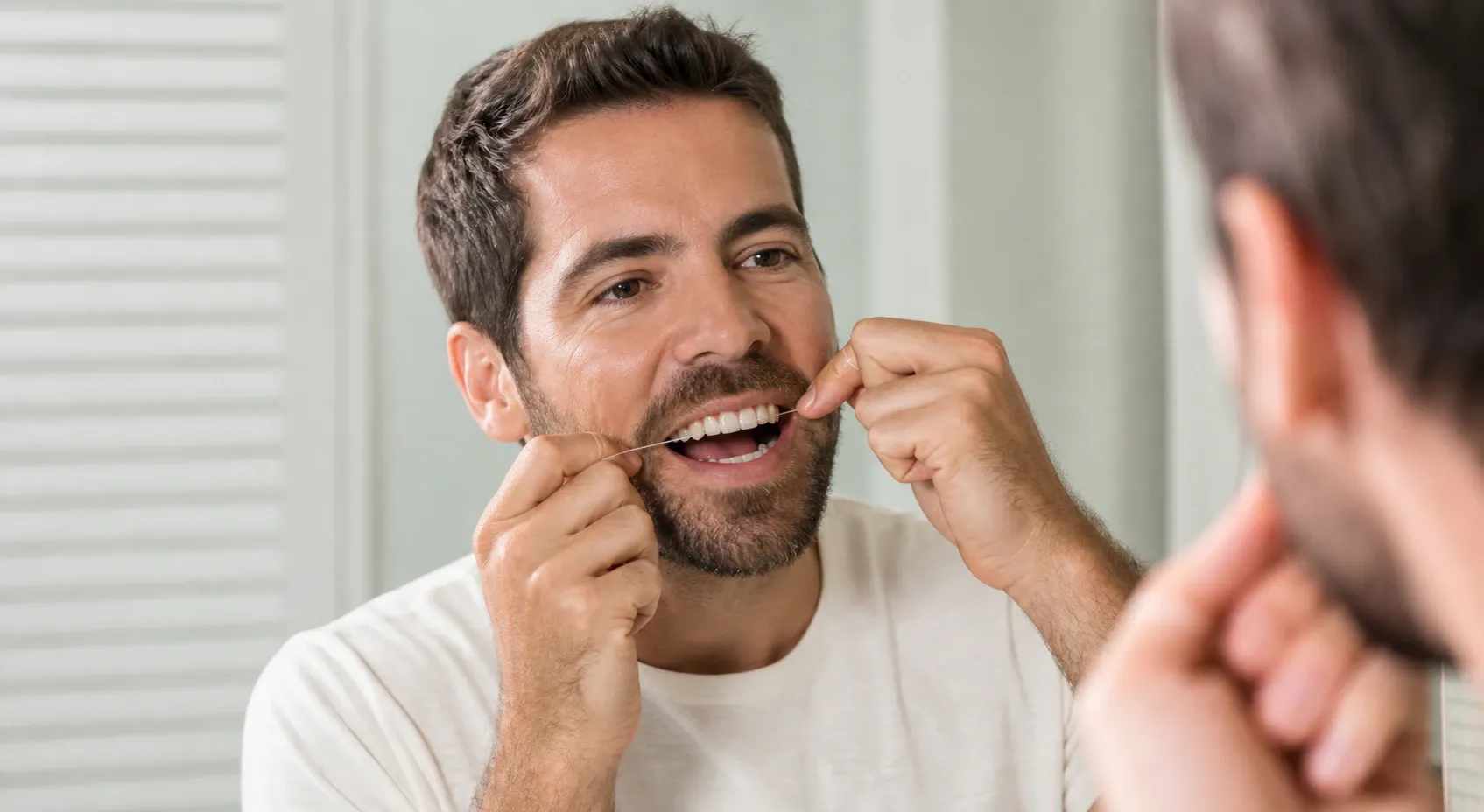 A focused shot of a man flossing his teeth using a dental floss nm 1145