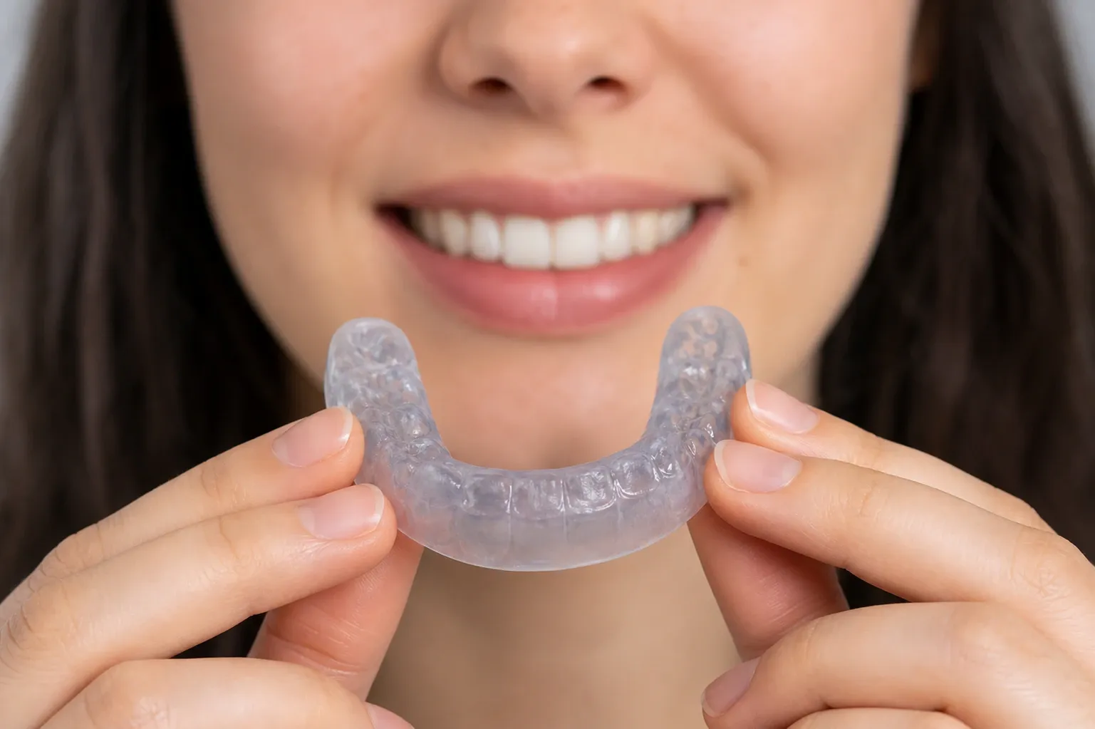 A woman holds dental mouthguard to treat her sleep apnea nm 1181