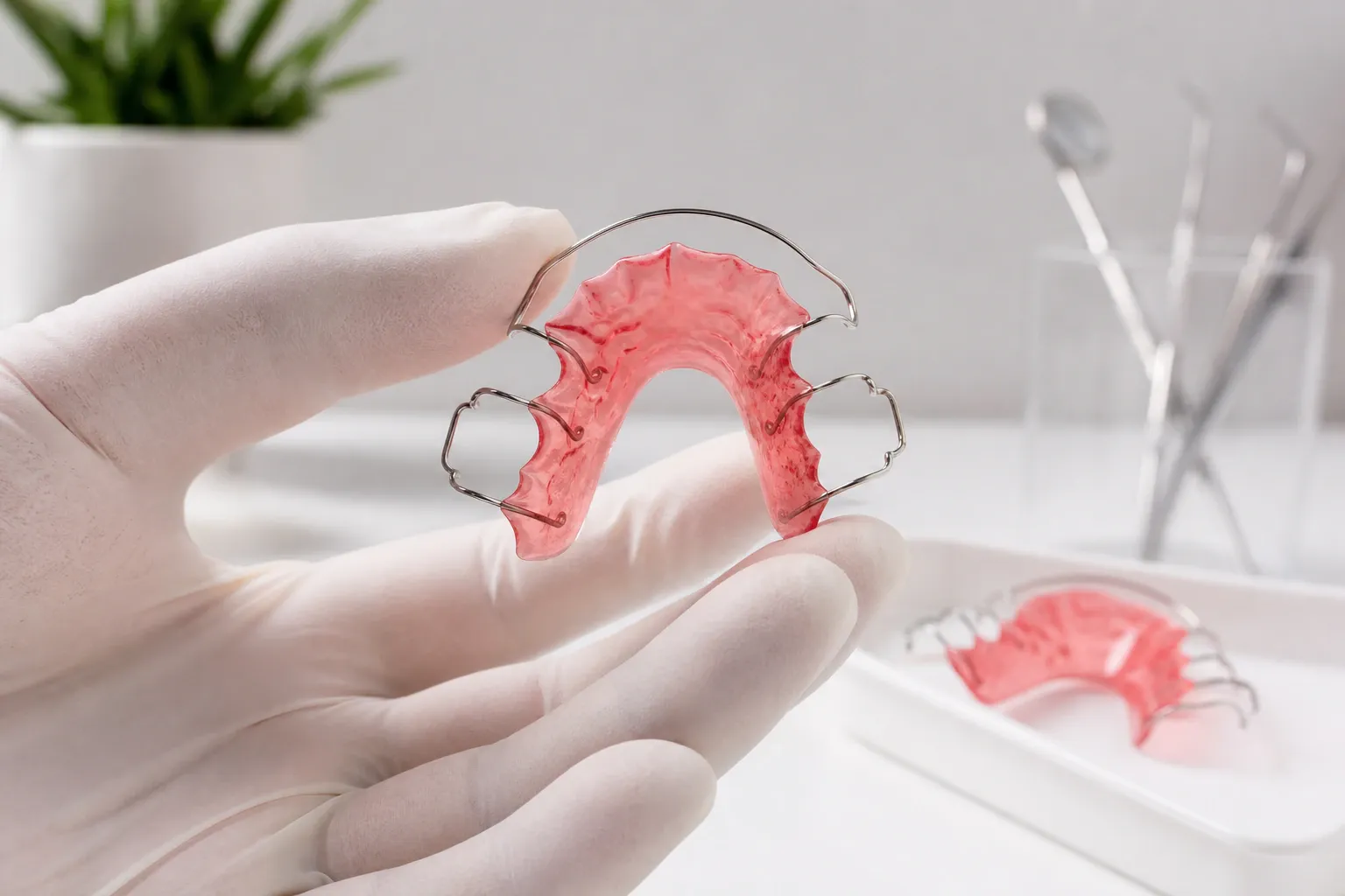 An orthodontists hand with disposable gloves holds hawley retainers nm 1184