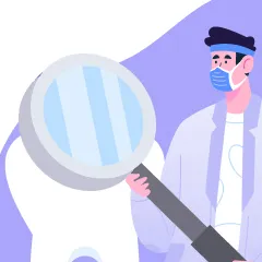 Illustration of a person with a mask holding a large magnifying glass, set against a purple background.