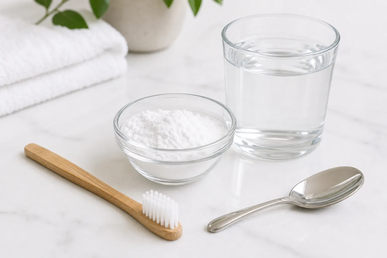 Baking soda beside glass of water with toothbrush on top nm 0173