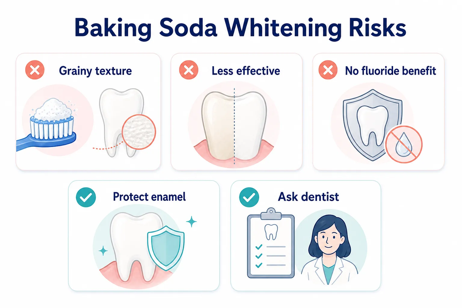 Risks of Using Baking Soda for Teeth Whitening risk checklist covering Grainy texture, Less effective, No fluoride benefit, Protect enamel, Ask dentist