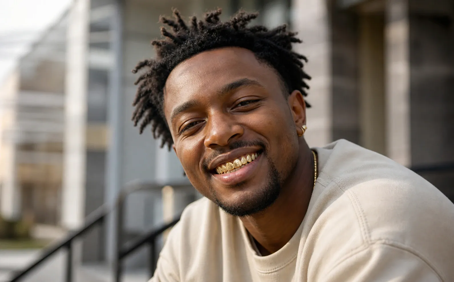 Black man with joyful smile showing gold grills dental jewelry on nm 1390