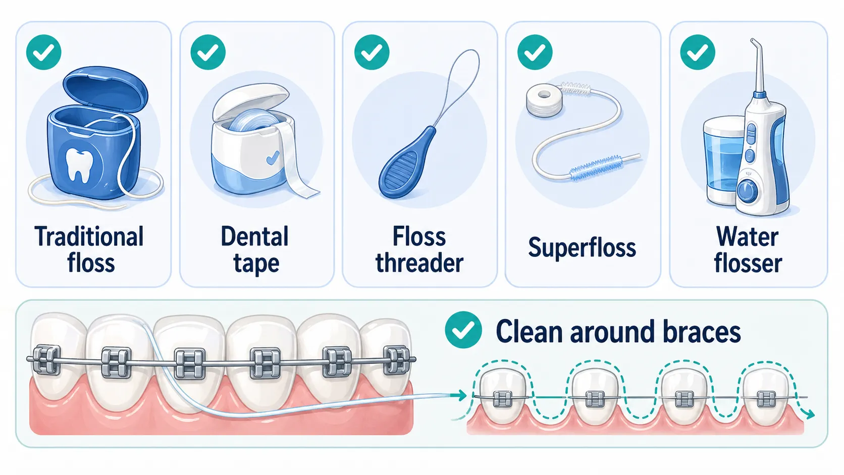 Five-tool braces flossing board for braces, threaders, superfloss, tape, and water flossers