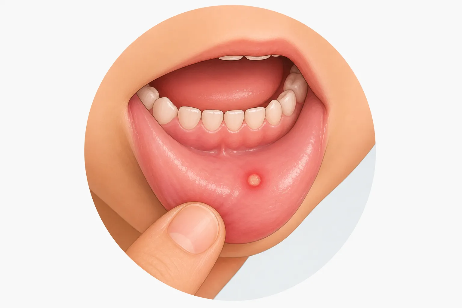 Educational illustration showing one round canker sore with a pale center and red border inside the lower lip.