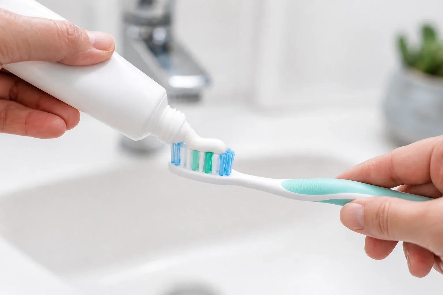 Close up of person applying toothpaste on toothbrush nm 0378