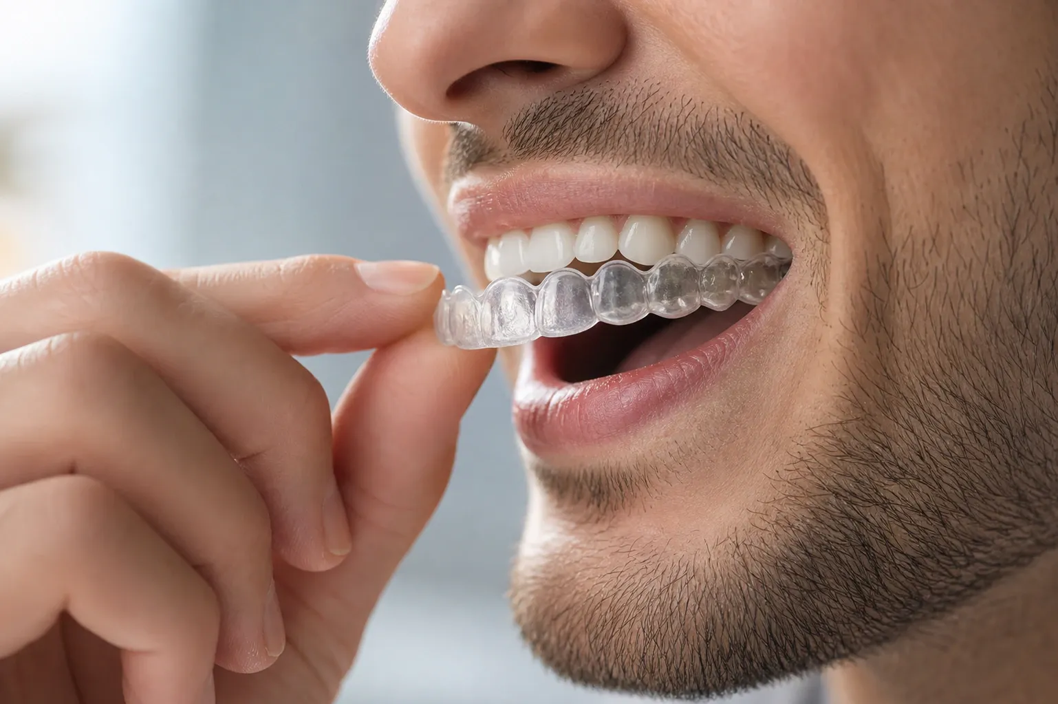 Close up of person putting on clear aligner nm 0379
