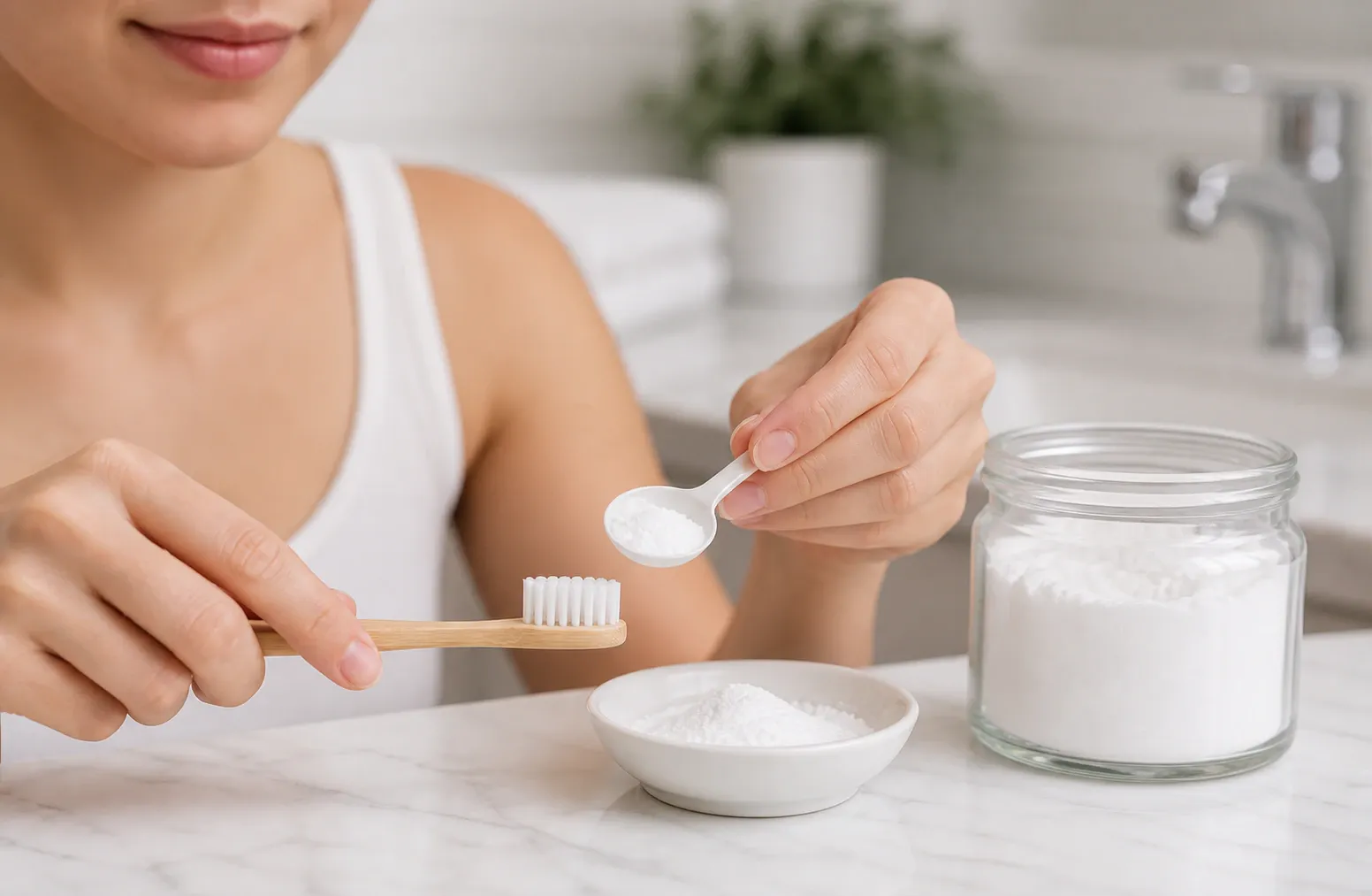 Close up woman preparing brightening teeth with sodium bicarbonate nm 0154