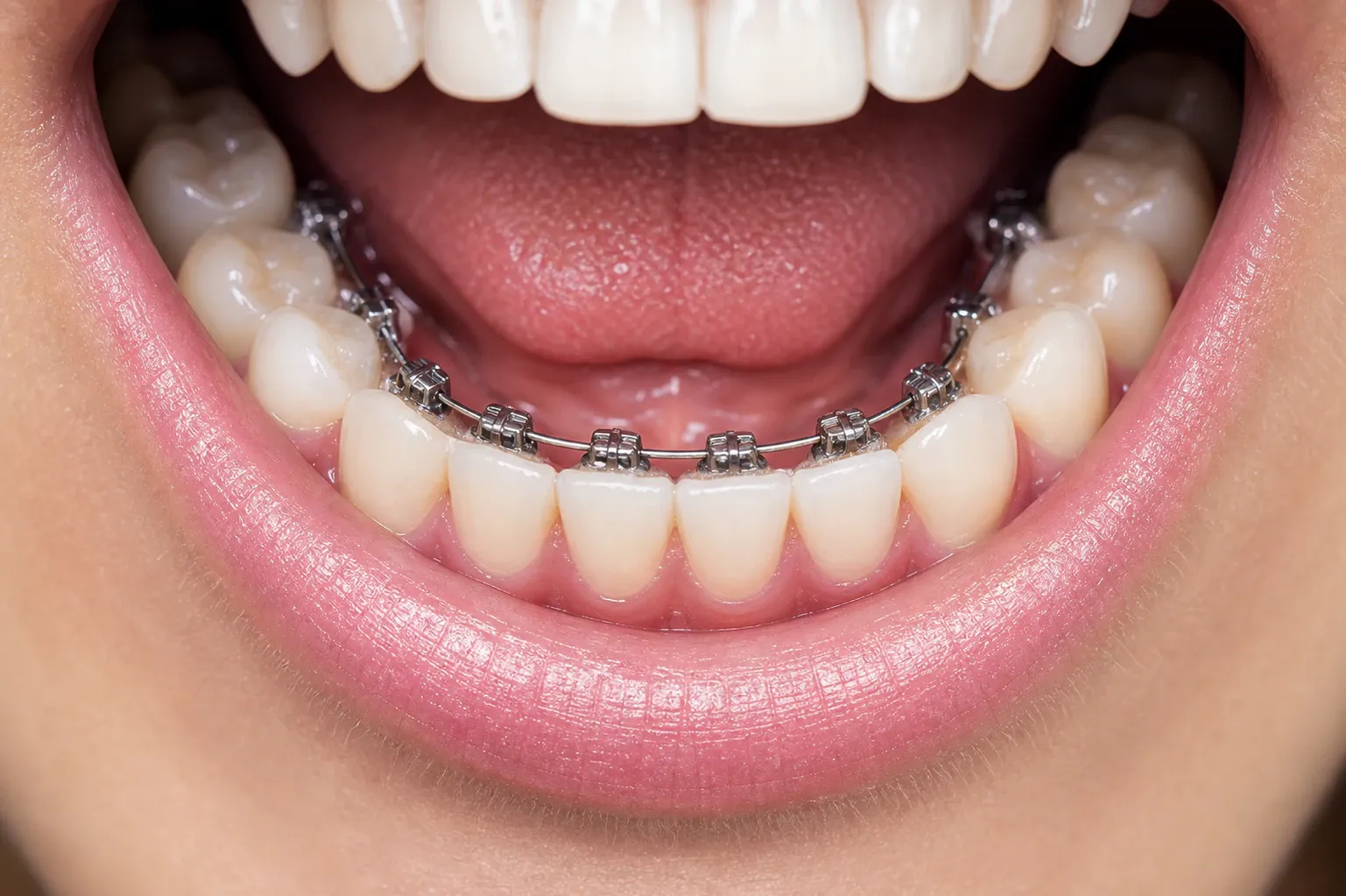 Closeup shot of lingual braces nm 1194