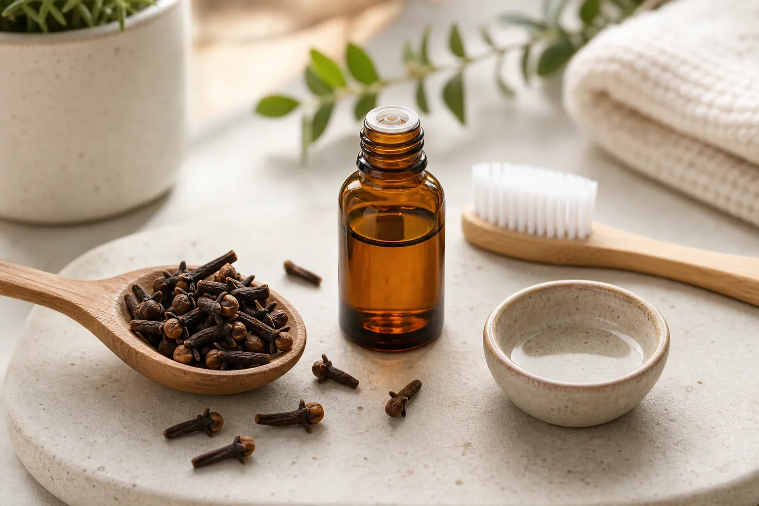 Clove oil in small bottle beside cloves in wooden spoon nm 0210