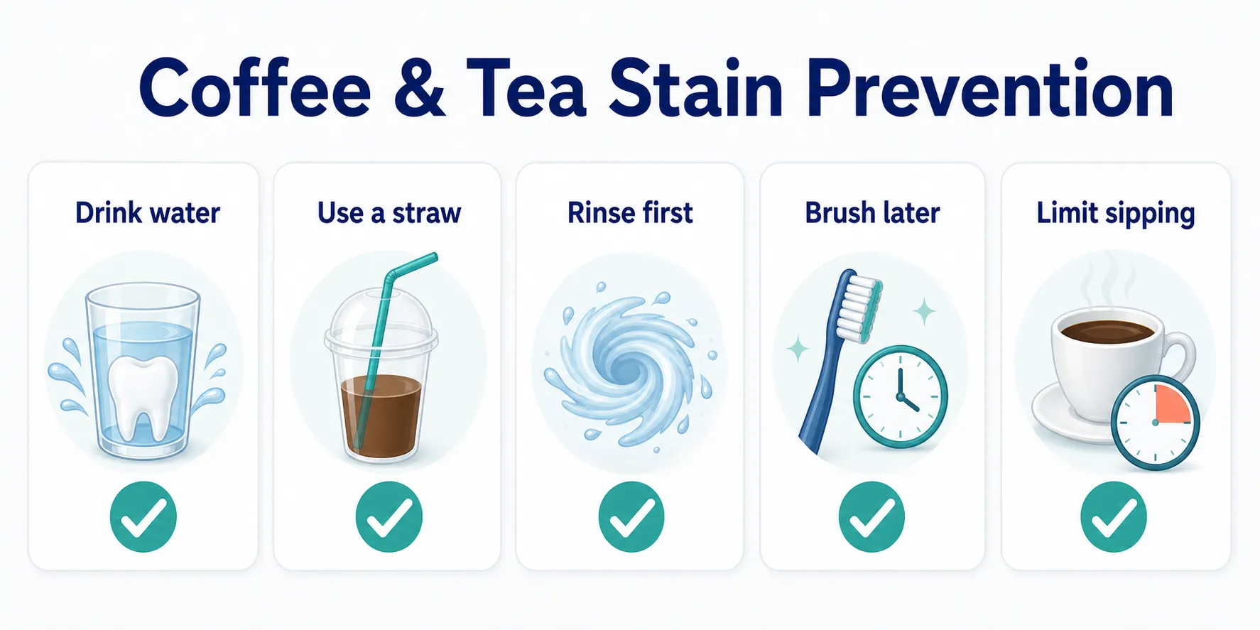 8 Ways to Avoid Tea and Coffee Stains on Teeth prevention checklist covering Drink water, Use a straw, Rinse first, Brush later, Limit sipping