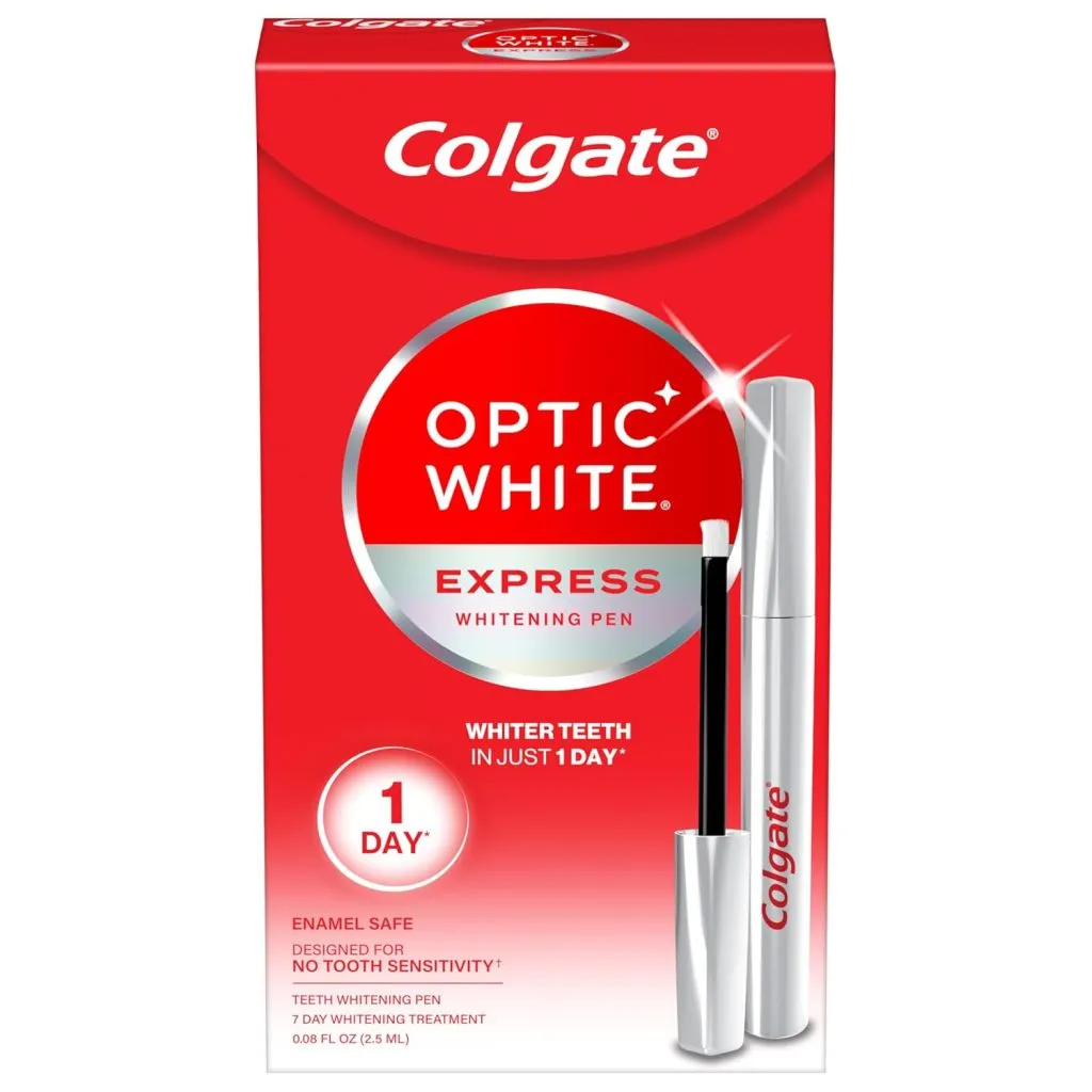Colgate Optic White Express Whitening Pen packaging showing the pen applicator and claims of whiter teeth in one day, with red and white branding.