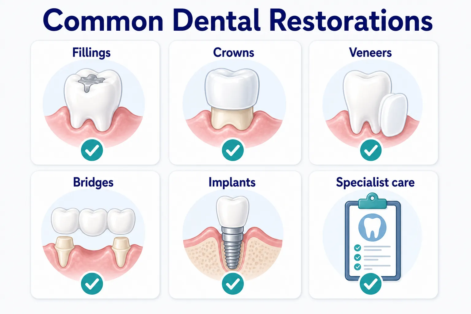 8 Most Common Types of Dental Restorations restoration type map covering Fillings, Crowns, Veneers, Bridges, Implants, Specialist care