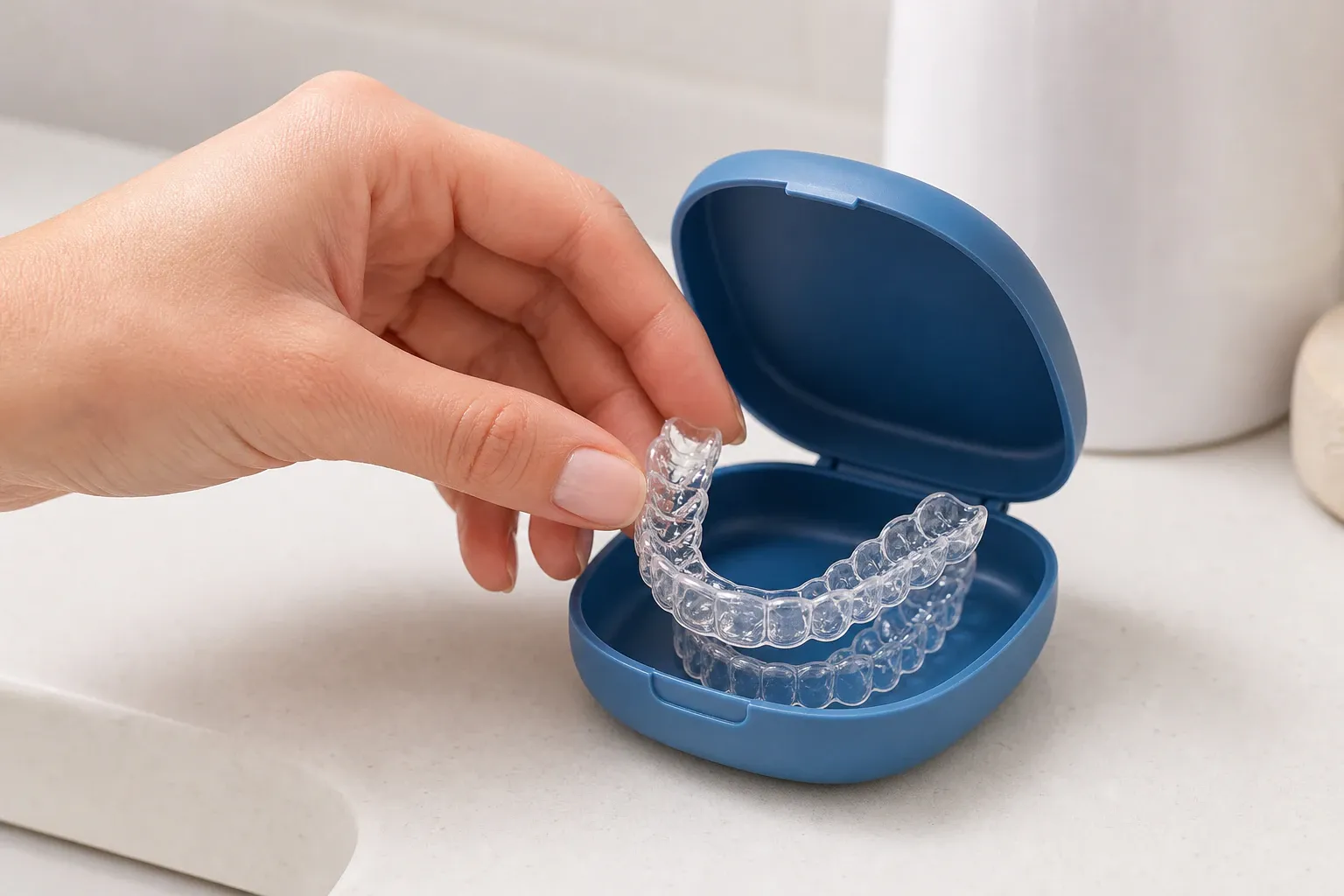 Cropped shot of a womans hand putting transparent night time aligner nm 1197