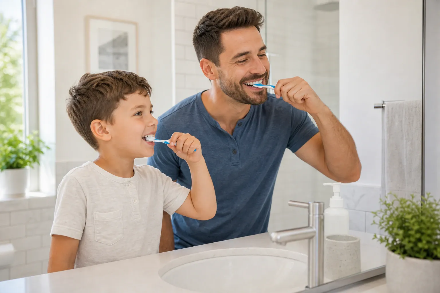 Dad and son brushing teeth in bathroom nm 0391