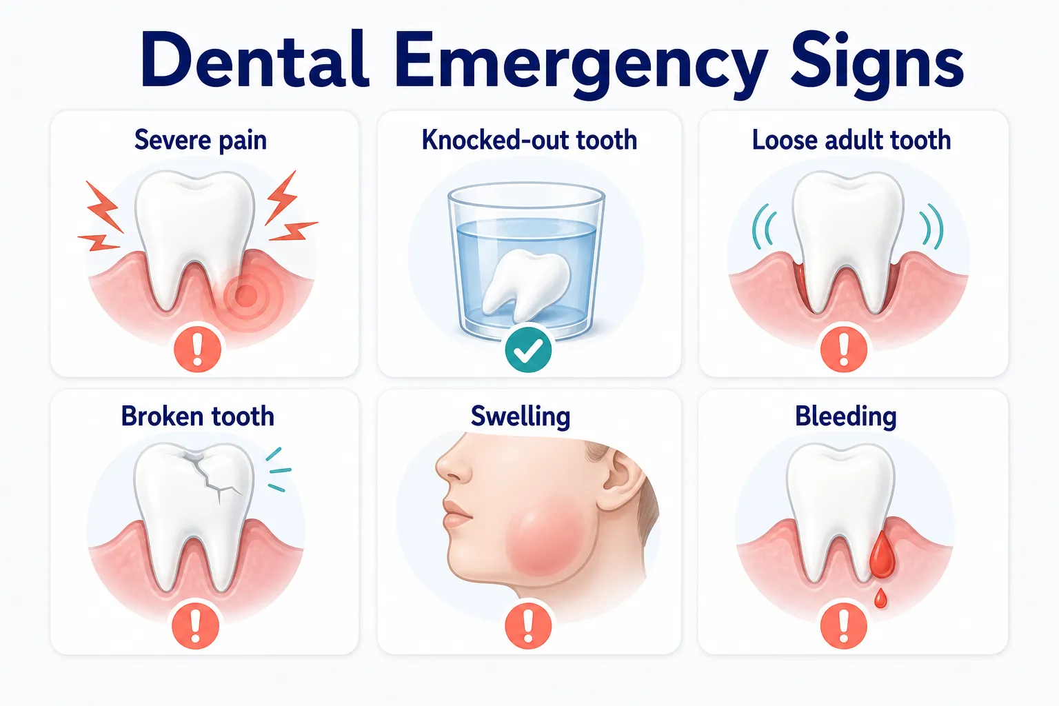 What Counts as a Dental Emergency urgent signs board covering Severe pain, Knocked-out tooth, Loose adult tooth, Broken tooth, Swelling, Bleeding