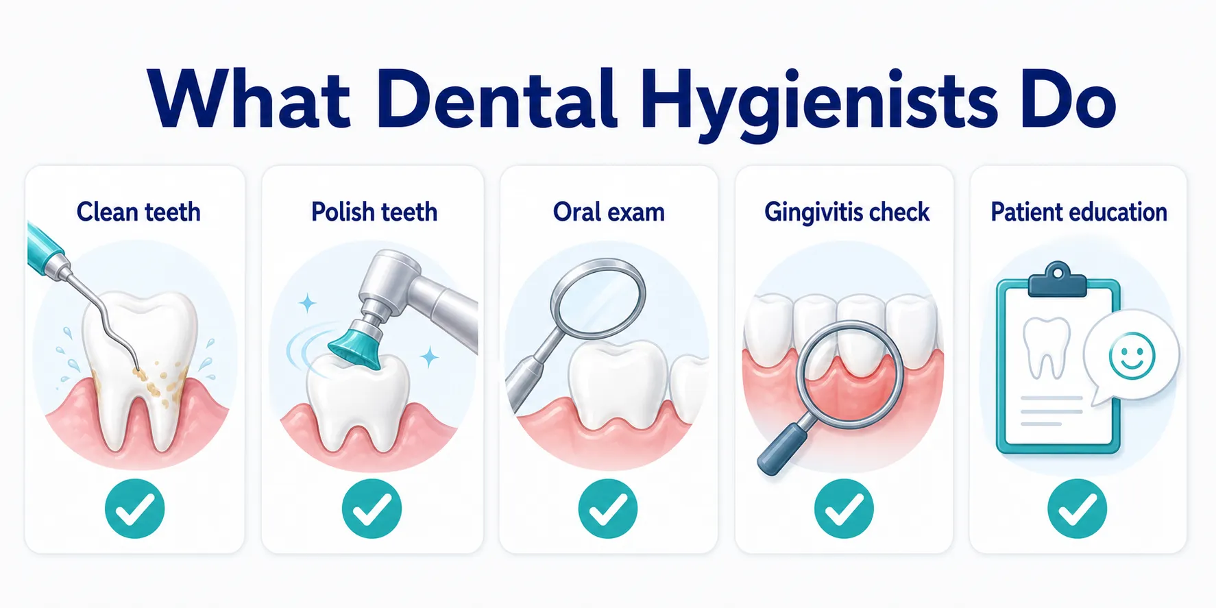 What Does a Dental Hygienist Do role map covering Clean teeth, Polish teeth, Oral exam, Gingivitis check, Patient education