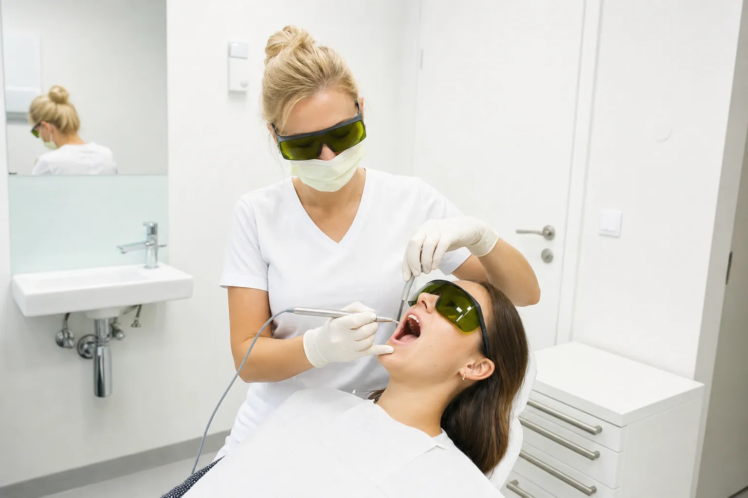 Dental hygienist using diode laser on a patient for orthodontic nm 1396