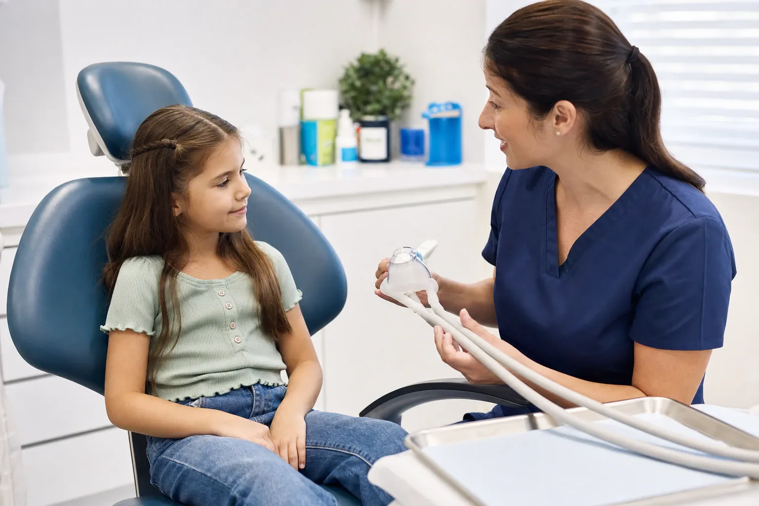 Dentist administering a gask mask or laughing gas on a young girl nm 1333
