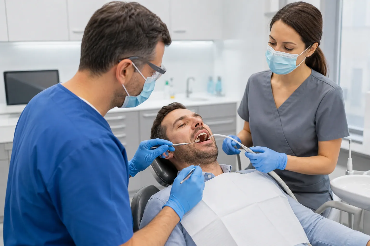 Dentist and assistant during a dental treatment on a patient nm 0628