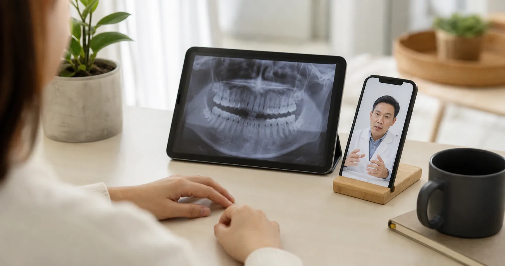 Dentist calling with a patient through video conferencing on mobile as nm 1155