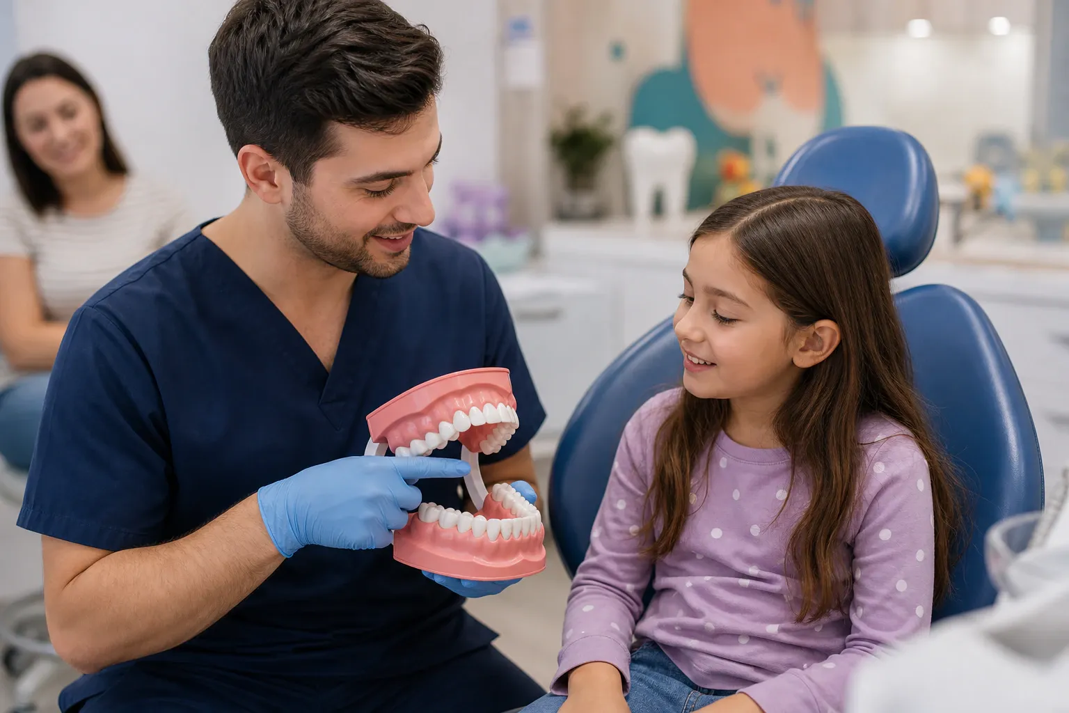 Dentist showing young girl 3d teeth model nm 0433