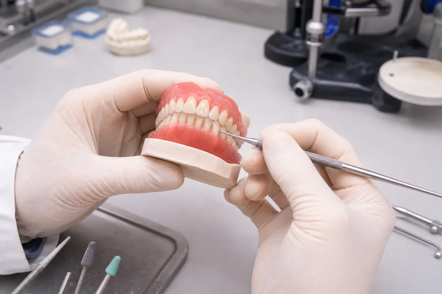 Dentists perfecting a denture in a clinic 1 nm 0635