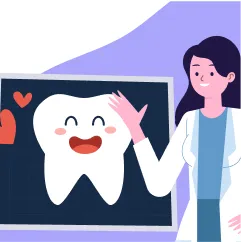 Illustration of a dentist beside a smiling tooth drawing on a blackboard, with hearts around it.
