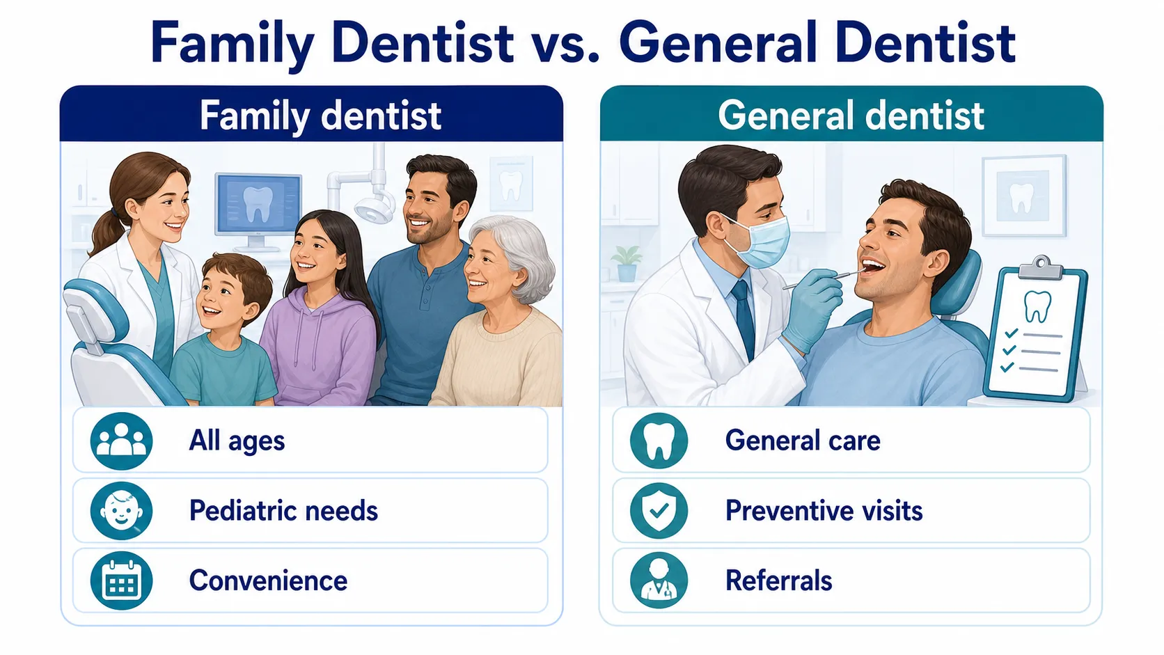 Family Dentist vs. General Dentist role comparison board