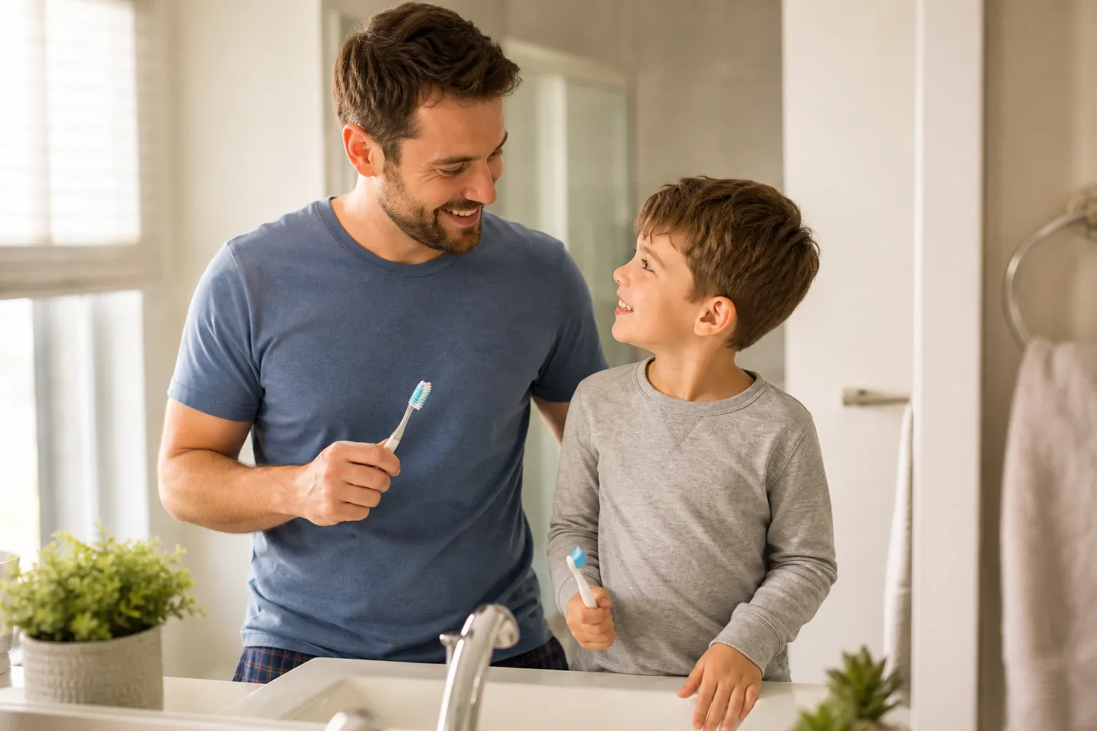 Father and little son enjoying a tooth brush time together nm 0992