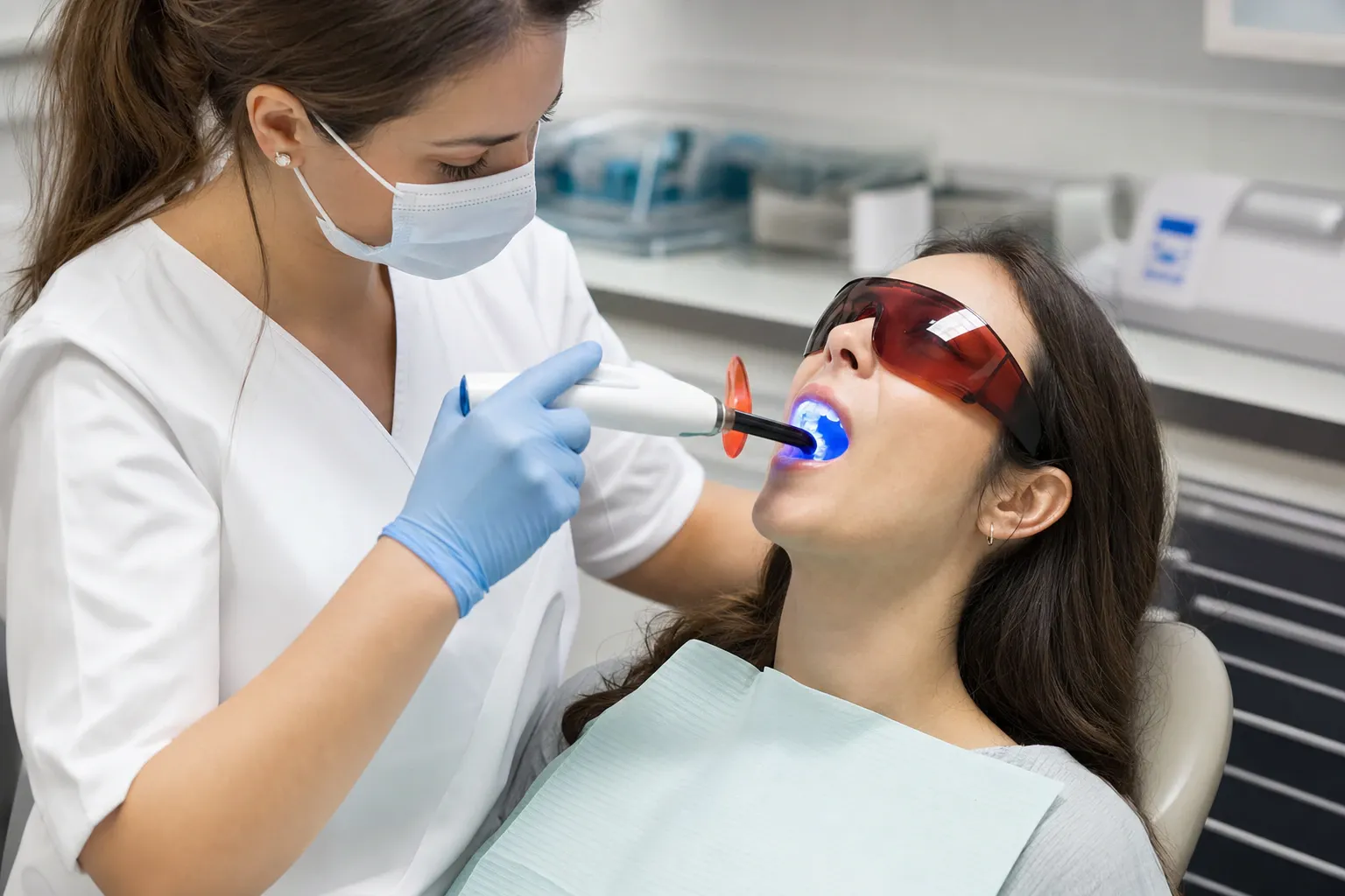 Filling lamp used by dentist assistant on woman patient nm 0458