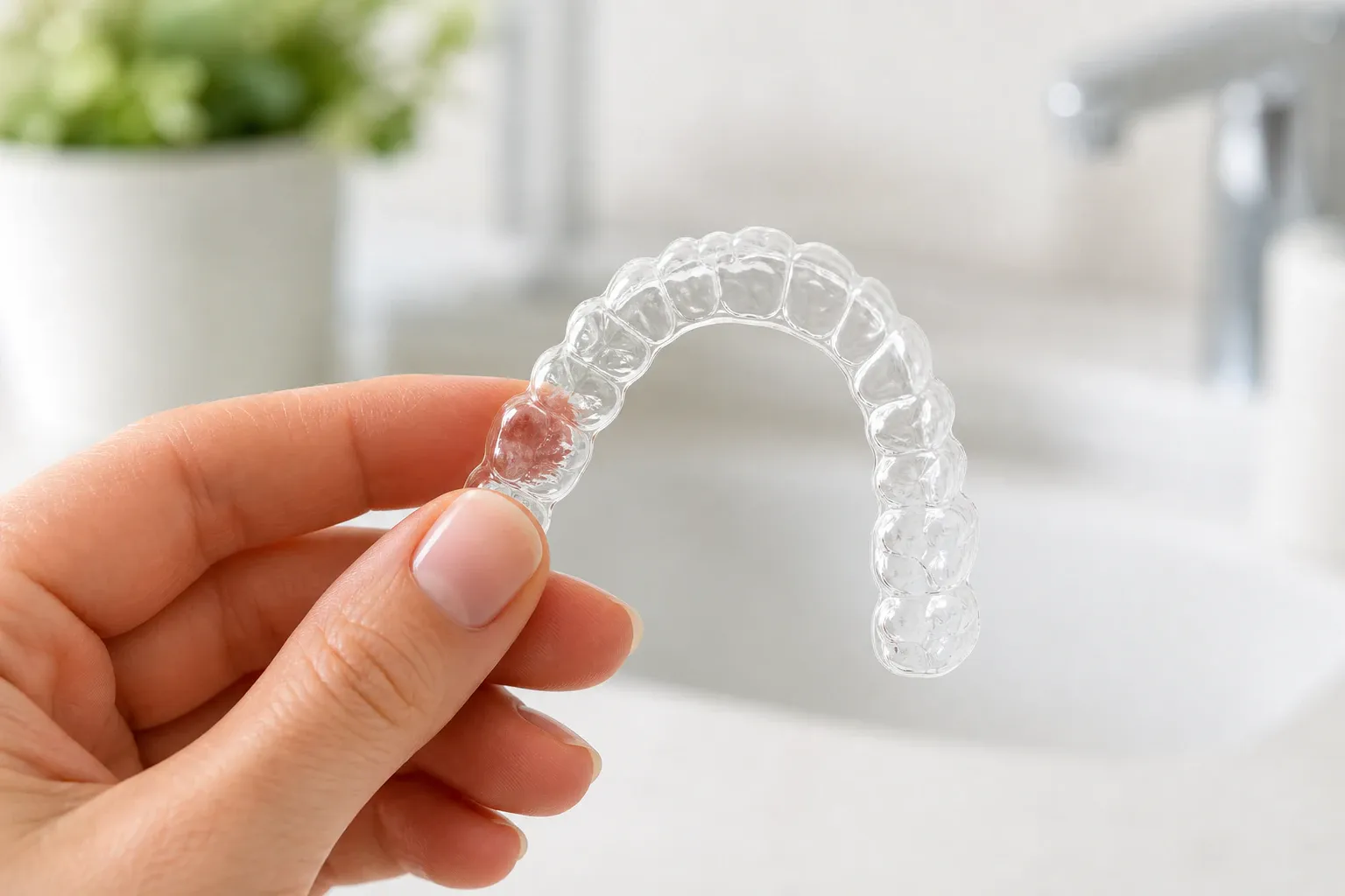 Hand holding clear aligner 1 nm 0468