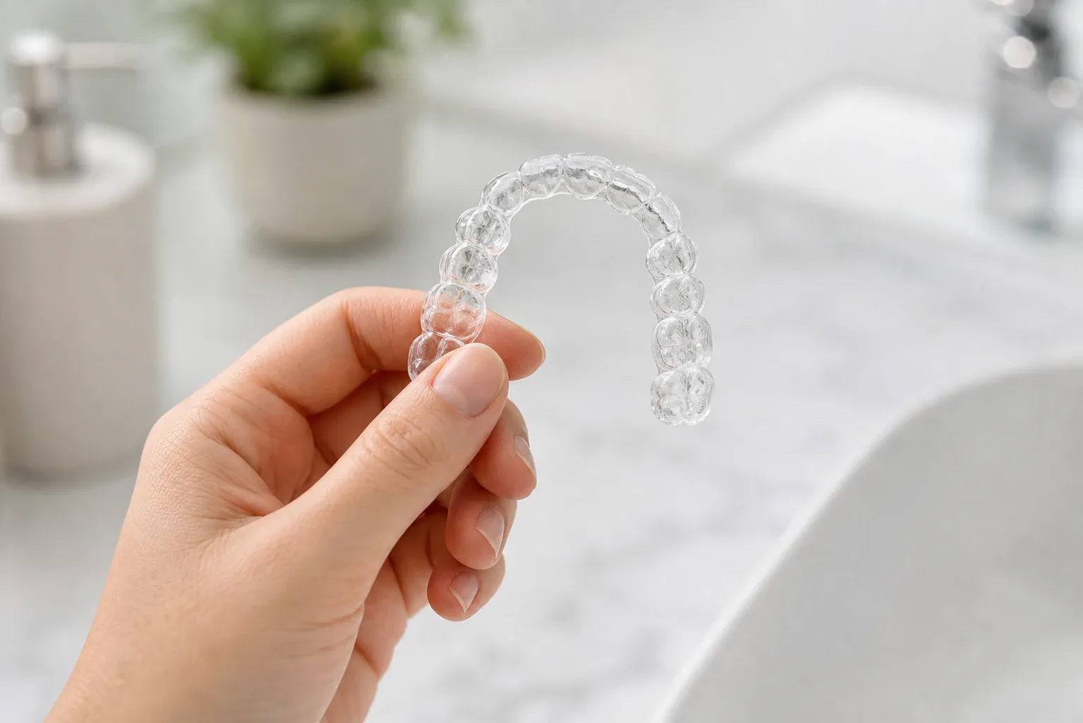 Hand holding clear aligner nm 0299