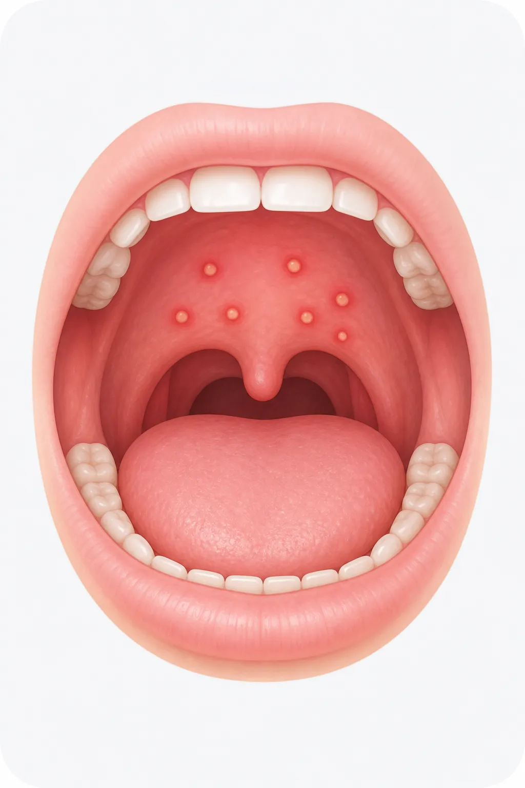 Educational illustration showing small ulcers concentrated on the soft palate at the back of the mouth.