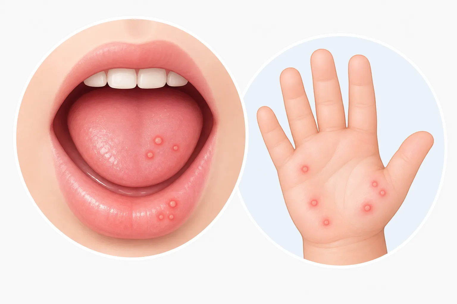 Educational illustration showing small mouth sores and red spots on the palm of a child associated with hand-foot-and-mouth disease.