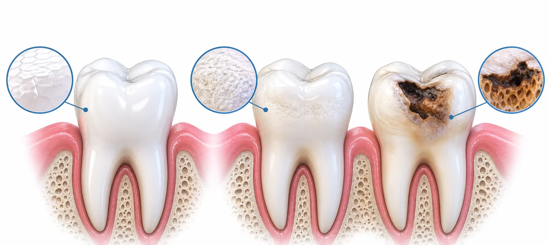 Illustration of stages of tooth from healthy to thinning enamel and nm 0001