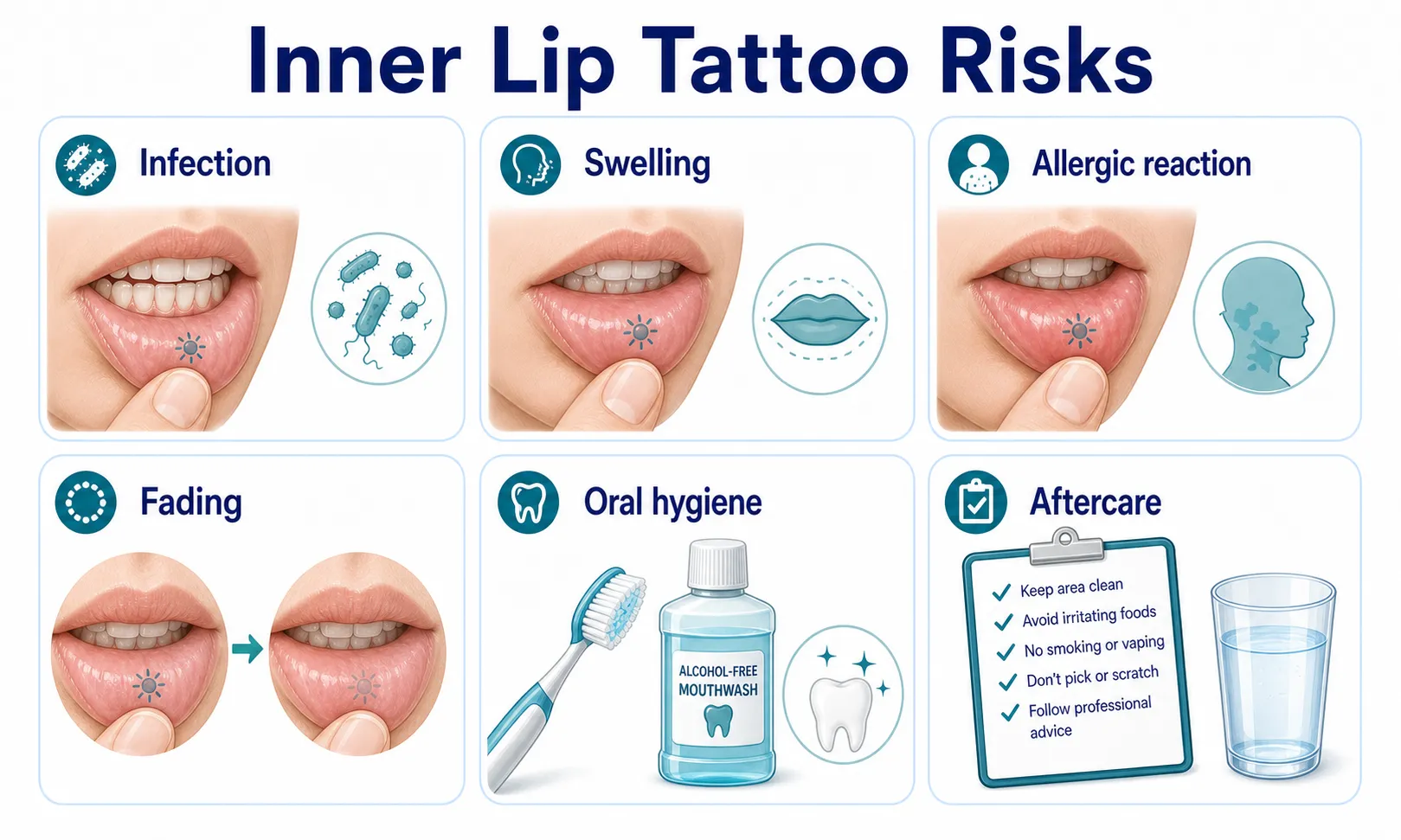 Checklist of inner lip tattoo risks including bacterial infection, allergic reaction to ink, fast fading, and the need for frequent touch-ups
