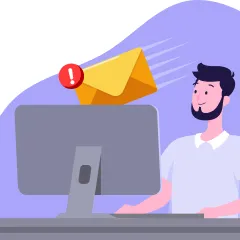 Illustration of a person at a computer receiving an email notification, represented by an envelope with an exclamation mark.