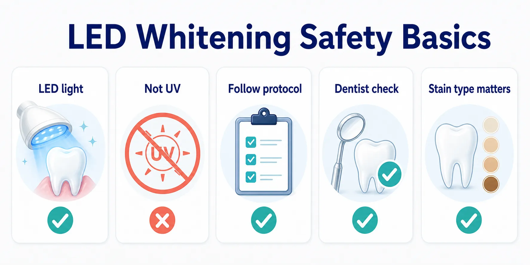 Are LED Teeth Whitening Lights Safe safety comparison board covering LED light, Not UV, Follow protocol, Dentist check, Stain type matters