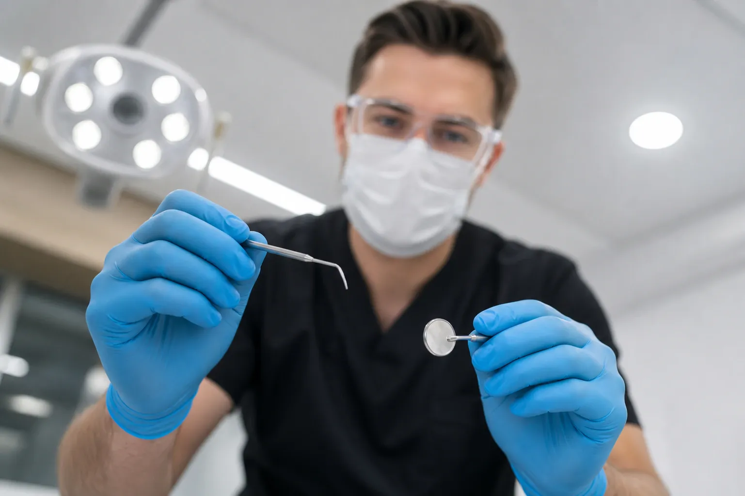 Male dentist in black uniform and gloves reaching to patient pov shot nm 1290