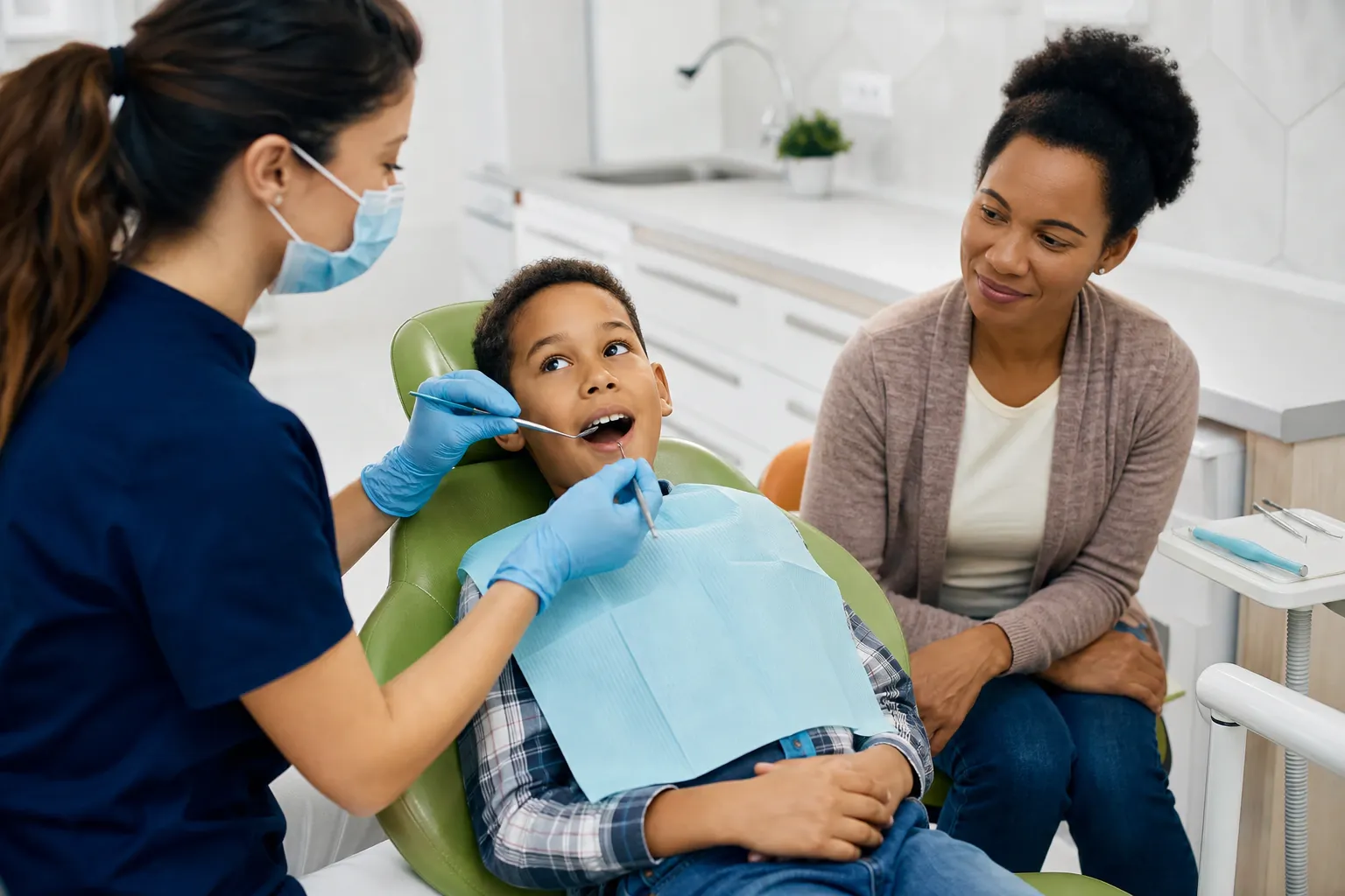 Mother watching daughter getting her teeth checked nm 0485