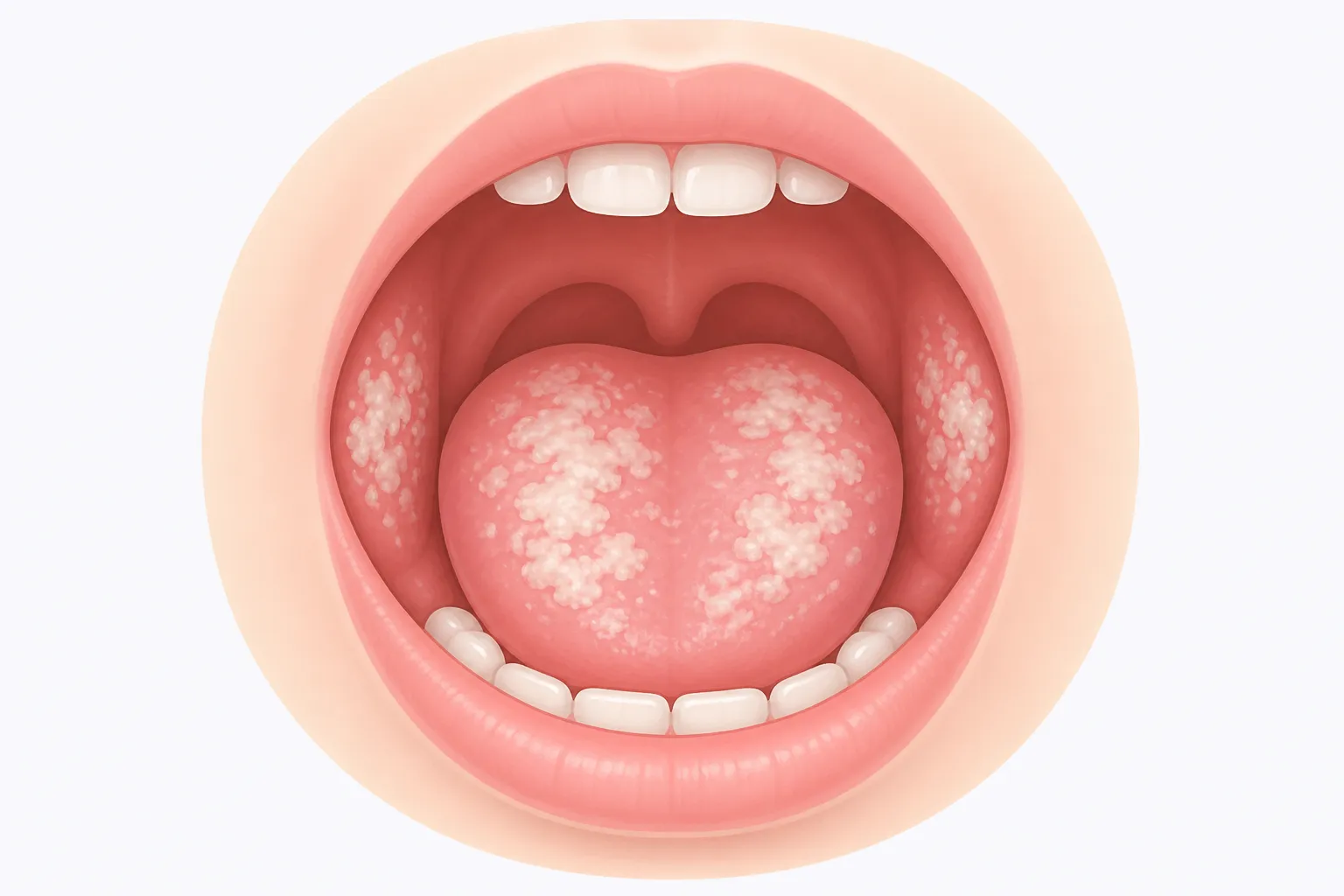 Educational illustration showing creamy white patches on the tongue and inner cheeks associated with oral thrush.