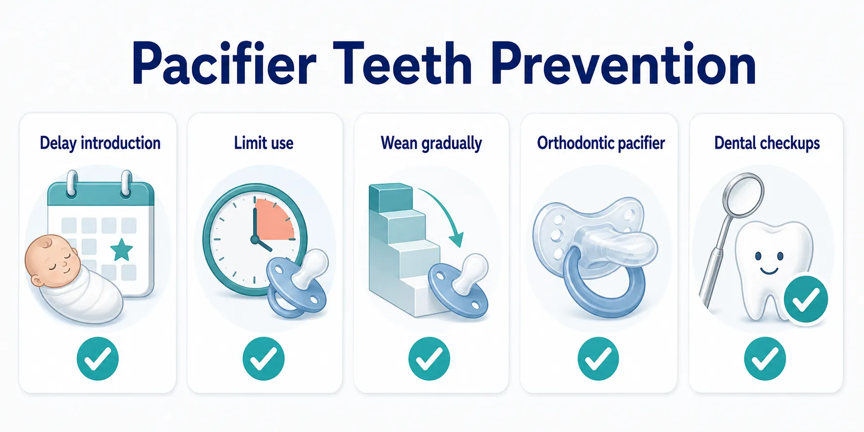 How to Prevent Pacifier Teeth parent checklist covering Delay introduction, Limit use, Wean gradually, Orthodontic pacifier, Dental checkups