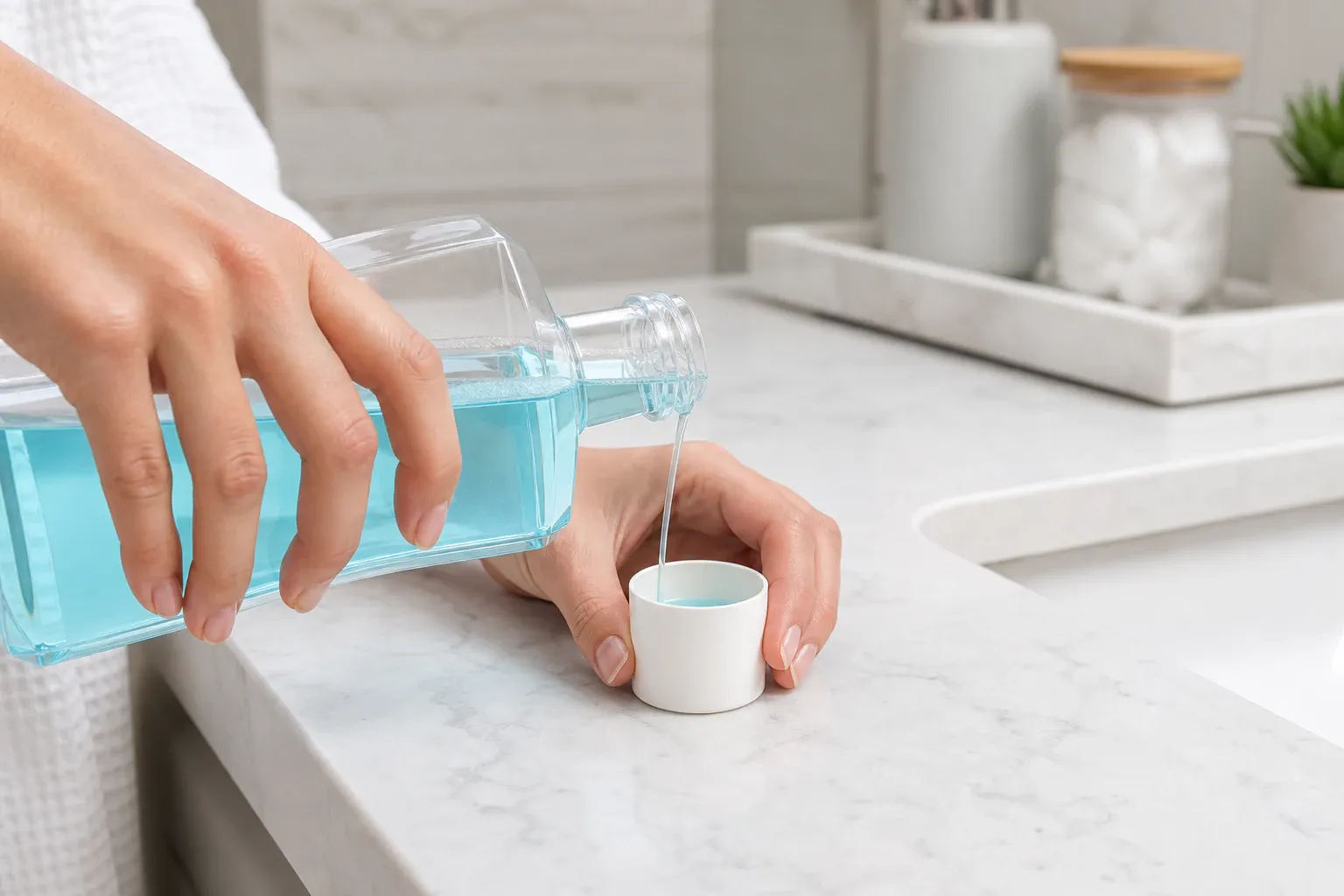 Person pouring mouthwash into cap nm 0495