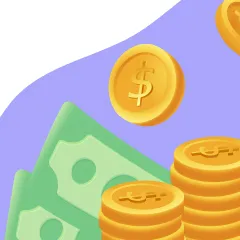 Illustration of stacked gold coins with dollar signs and green paper bills against a purple background.