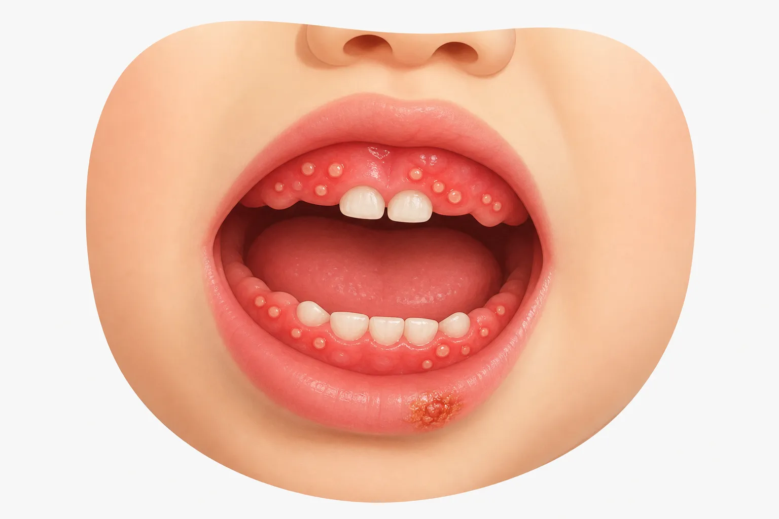 Educational illustration showing swollen red gums, clustered mouth ulcers, and a small crusted outer-lip area