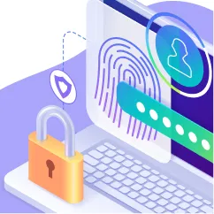 Illustration of a computer with digital fingerprint scanning, a padlock icon, and secure access symbols, representing cybersecurity and data protection.